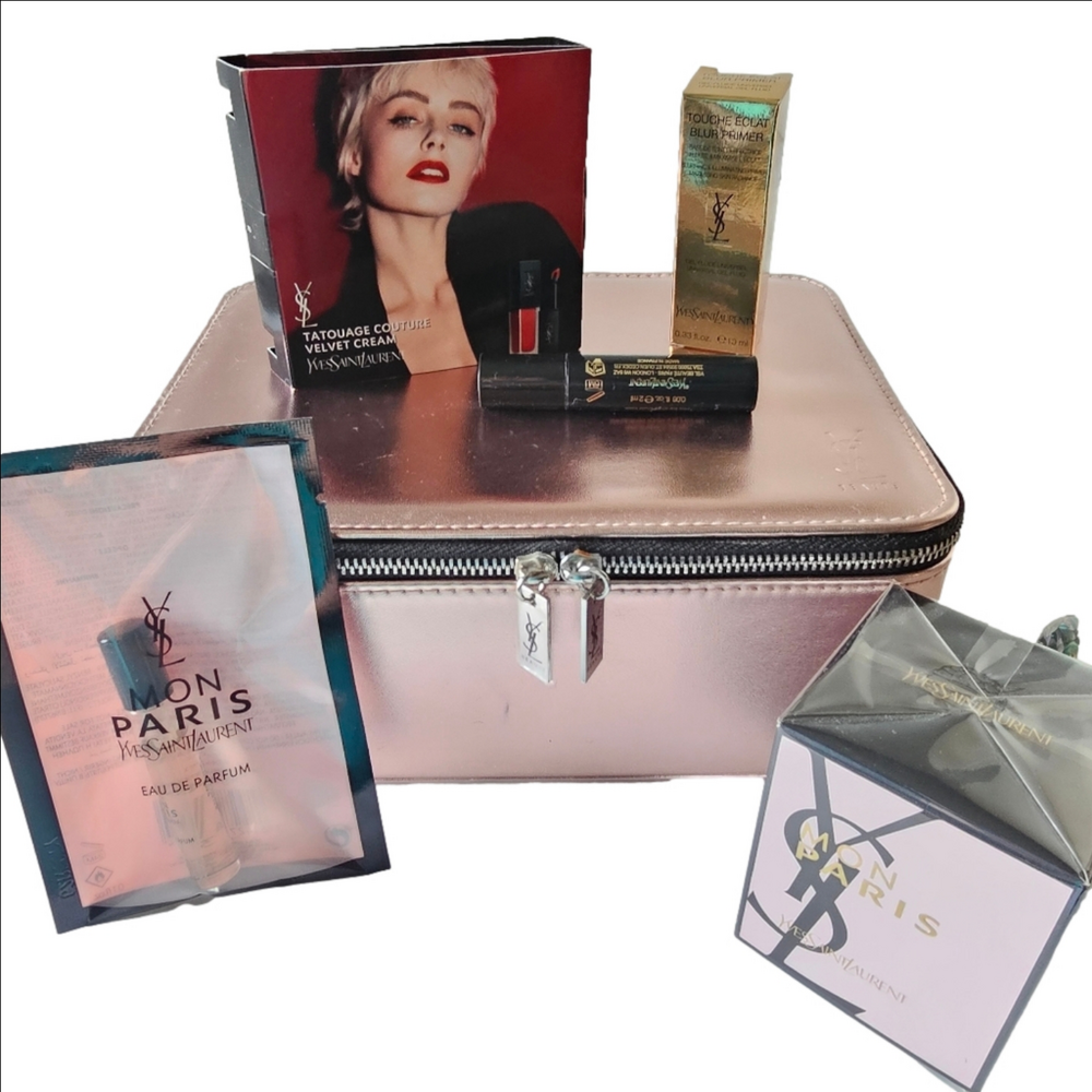 YSL Mon Paris Full Size Candle & 3 mL Spray, Blur Primer Velvet Lip Mascara Case